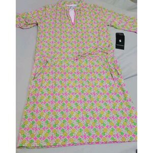 IBKUL Chantal Print 3/4 Sleeve Drawstring Dress Hot Pink/Lime Pineapple NWT Sz S